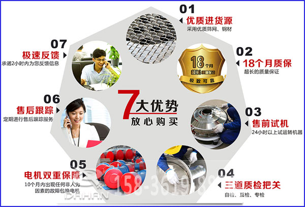 大漢食品振動(dòng)篩的7大優(yōu)勢(shì)：優(yōu)質(zhì)進(jìn)貨源，售后跟蹤，售前試機(jī)等。