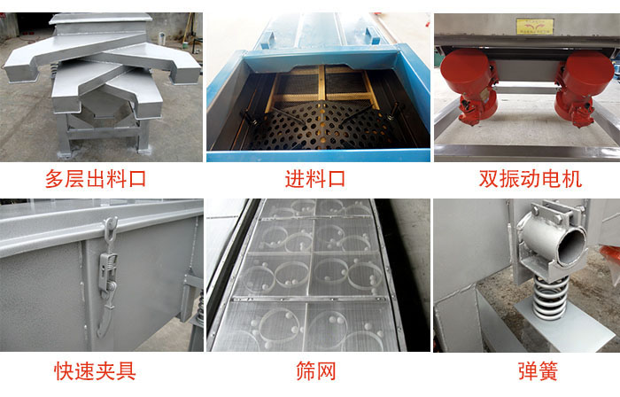 多層直線振動(dòng)篩出料口，篩網(wǎng)，彈簧，快速夾具，振動(dòng)電機(jī)等