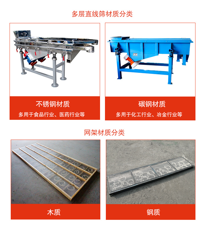 多層直線振動(dòng)篩材質(zhì)有：不銹鋼，碳鋼；網(wǎng)架材質(zhì)有木質(zhì)，鋼質(zhì)等。