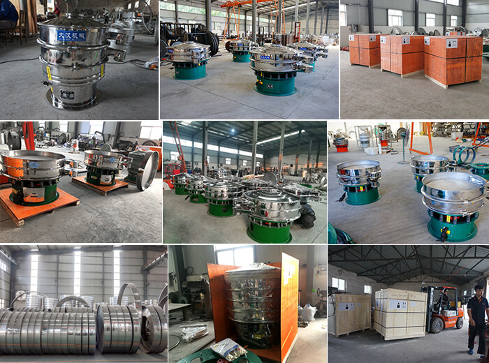 旋振篩備貨圖旋振篩廠家大漢機械備貨現場：全不銹鋼旋振篩包裝完畢，碳鋼旋振篩批量展示，不銹鋼底框批量展示，碳鋼旋振篩底框批量展示。